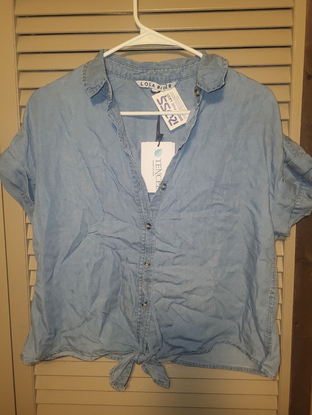 NWT Lola River Short Sleeve Tencel Chambray Tie-Front Button Down Shirt - Small